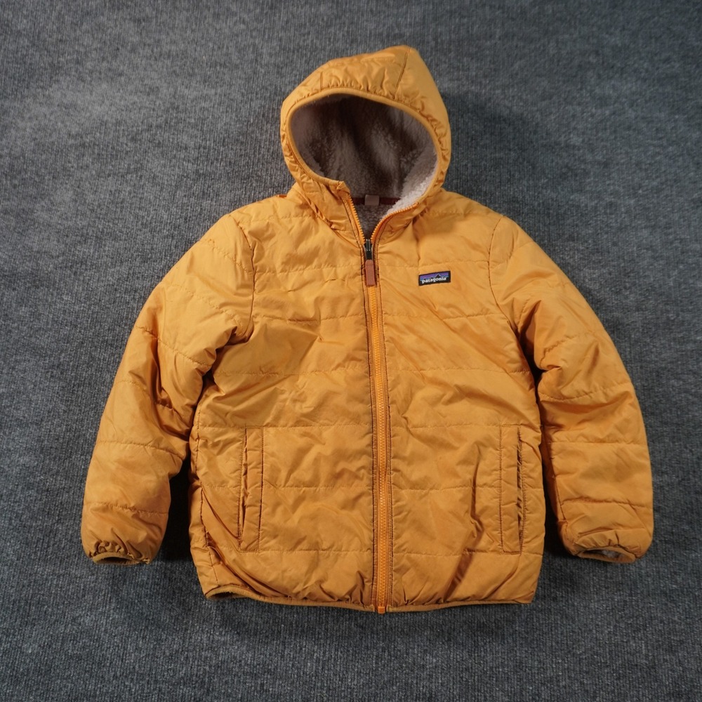 Patagonia Reversible Ready Freddy Jacket Boys M 10 Yellow Puffer Fleece Hooded